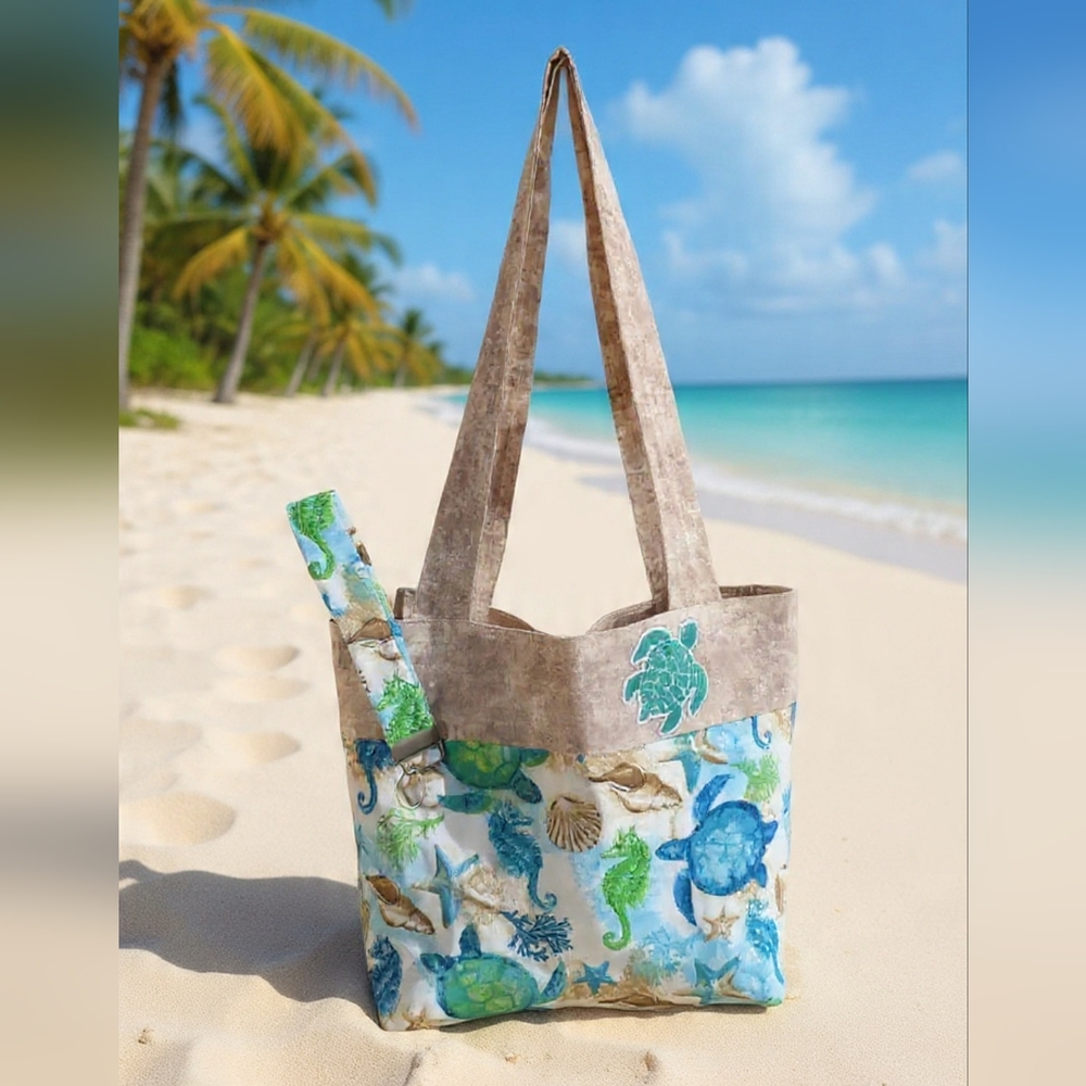 Handmade Cotton Coastal Sea Turtle Tote Bag & Coordinating Wristlet Key Chain 🐢